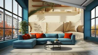 Light interior of stylish living room with cozy sofa, shelves and coffee table Wall mural