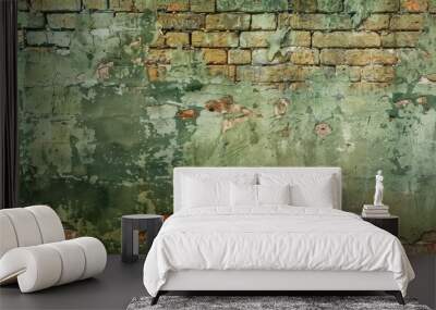 Old fashioned grunge wallpaper with green textured effect and stained brick wal Wall mural