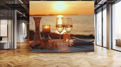 Romantic sunset dinner on the beach. Table honeymoon set for two with luxurious food, glasses of champagne drinks in a restaurant with sea view. Summer love, romance date on vacation concept. Wall mural