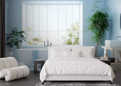 White and blue bathroom interior with a round white tub, two narrow windows, a tree in a pot and a ladder in a corner. Side view. 3d rendering mock up Wall mural