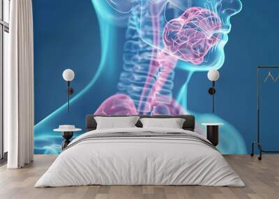 A detailed illustration of the human respiratory system with airflow paths Wall mural