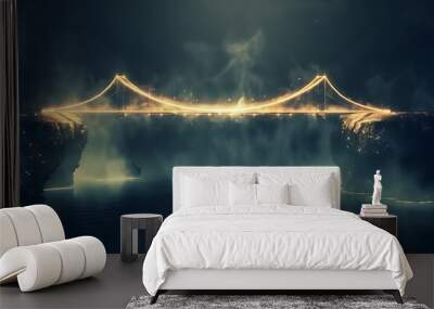 A floating bridge made of light, connecting two abstract islands, symbolizing bridging communication gaps. Dark, misty background with glowing edges Wall mural