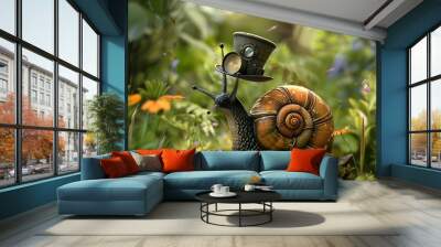 A friendly, oversized snail with a top hat and a monocle, slowly exploring a whimsical garden. Wall mural