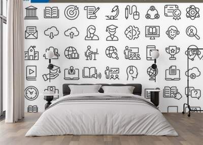 A vector set of E-learning icons in Illustrator, depicting online education elements like virtual classrooms, e-books, courses, webinars, and interactive tools. Wall mural