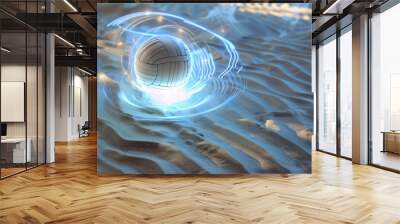 A volleyball pulsating with energy, creating ripples in the sand of a digital beach Wall mural