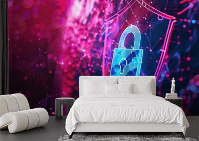 3d security shield with padlock icon, cyber tech background, data protection concept Wall mural