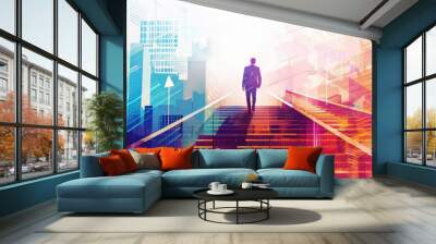 A businessman is climbing the stairs to success in city with arrows pointing upwards and buildings, double exposure photography, vector illustration style, white background Wall mural