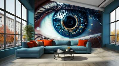 A close-up of an eye with digital connections, symbolizing the connection between people and technology in the future vision of marketing. Wall mural