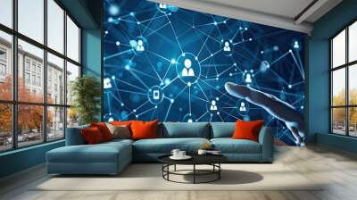 A digital illustration of an interconnected network with icons representing people and data, symbolizing the concept of social media networks connecting various business people Wall mural