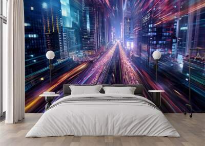 a futuristic cityscape where buildings are connected by streams of data, visualizing the seamless integration of internet networking into urban environments High-resolution photograph clean Wall mural