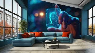 A hand holding an ID card with a glowing digital hologram of the person's profile, representing advanced identity management technology for remote or virtual identification. Wall mural