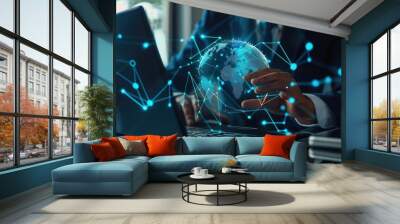 Businessman using laptop and touching digital hologram of global network connection on table. Business man working with online technology for business exchange information Wall mural