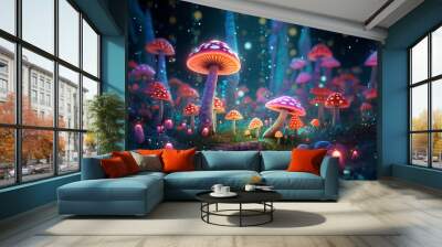 Fantasy landscape with magic mushrooms in the forest. Vector illustration.Mushrooms in the aquarium. Underwater world. 3d rendering Wall mural