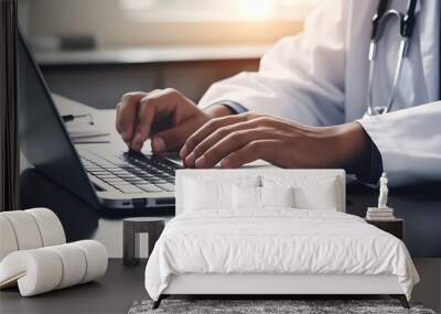 stock photo of a doctor's hand holding a medicine bottle while typing on a laptop, with a stethoscope and medical documents in the background. Wall mural