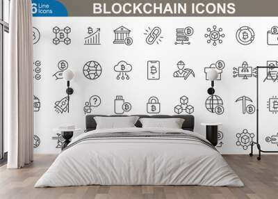 Blockchain line Icons Set. Cryptocurrency, decentralized, fintech, secure transactions, digital ledger, bitcoin and more. vector illustrator. Wall mural