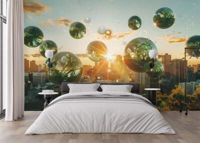 Conceptual art of floating botanical spheres over a cityscape, symbolizing a harmonious fusion of urban development and greenery, enhancing the visual appeal and envi Wall mural