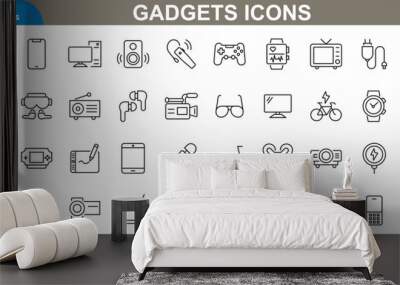 Gadgets icons set. Smartphone, tablet, laptop, watch, earbuds, gaming, drone, camera, speaker, USB, power bank and more. vector illustrator. Wall mural