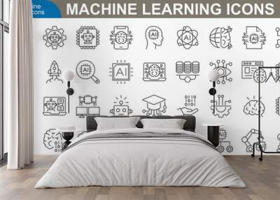 Machine learning outline icons set vector illustrator. AI, data analysis, algorithms, data, automation, learning, science, networks and more. Wall mural