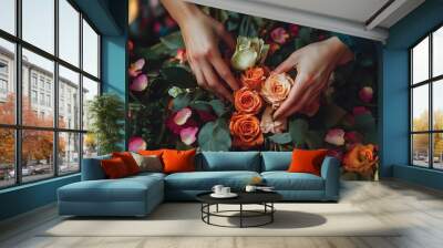 a florist’s hands arranging fresh flowers in a bouquet, with petals and leaves scattered around Wall mural