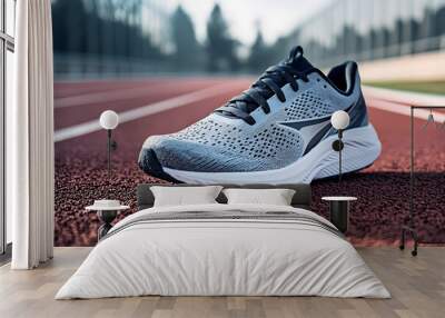 a sleek, modern running shoe with reflective details, placed on a track with the lines in the background Wall mural