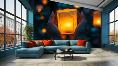 hands holding a glowing lantern during a festival, with the warm light symbolizing hope and celebration Wall mural