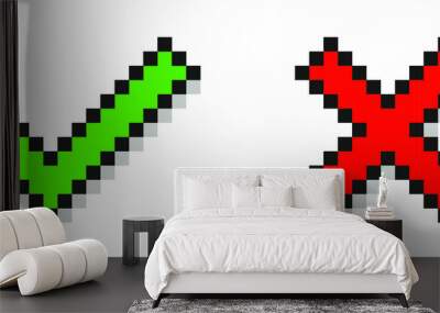 Pixel art check mark and cross mark. Tick and cross sign. Isolated vector illustration. Wall mural