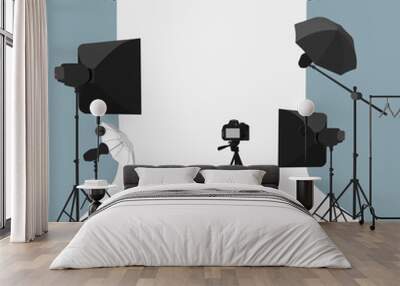 Vector flat style illustration of photo equipment in photography studio with lights and camera. Wall mural