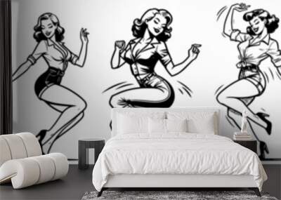 beauty pin-up girl illustration, adorable beautiful pinup woman, model, comic book character, black shape silhouette vector decoration Wall mural