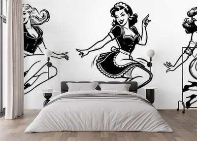 beauty pin-up girl illustration, adorable beautiful pinup woman, model, comic book character, black shape silhouette vector decoration Wall mural