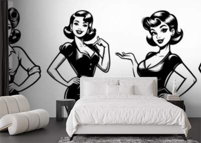 pinup girl, beauty pin-up woman retro style black vector transparent background, monochrome illustration, shape sketch for laser cutting engraving print Wall mural