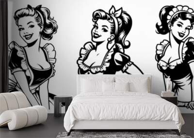 pinup girl, beauty pin-up woman retro style black vector transparent background, monochrome illustration, shape sketch for laser cutting engraving print Wall mural