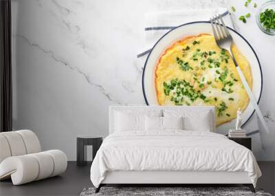 Omelette or frittatas with green onions or young greenery and mozzarella on white marble table background. Healthy food concept. Breakfast. Copy space. Top view. Mock up. Wall mural