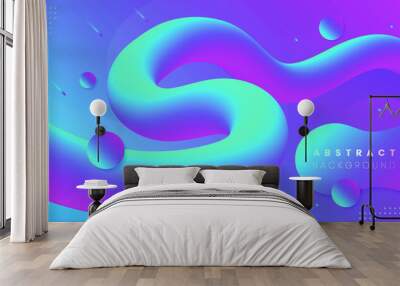 3D abstract modern liquid background. Dynamic wave curve tube shape with light blue, magenta, purple colors gradient, decorate with circles and lines. EPS10 illustration vector. Wall mural