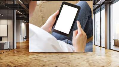 man using tablet computer in living room Wall mural