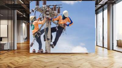 Asian men engineering working on high voltage workfield at countryside Wall mural