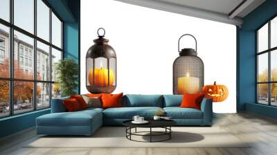 A collection of decorative lanterns with candles and pumpkins, perfect for creating a cozy autumn or Halloween atmosphere. Wall mural