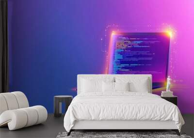 A modern laptop illuminated with colorful code, representing digital creativity and technology in a vibrant abstract style. Wall mural