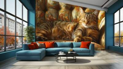 A tabby cat is sleeping on a couch Wall mural