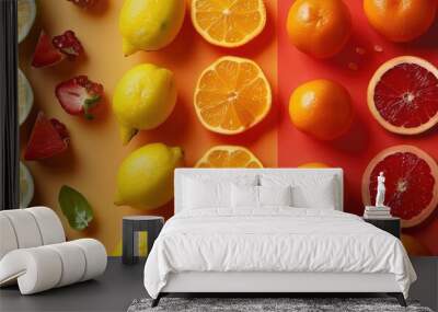 Colorful citrus fruits, lemons, limes, oranges, grapefruit, on a striped background Wall mural