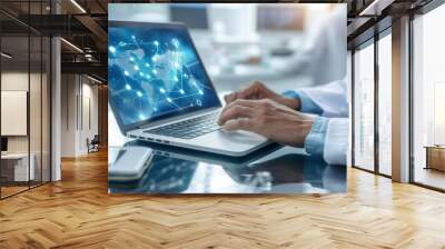 Doctor using laptop with global network connection on screen. Wall mural