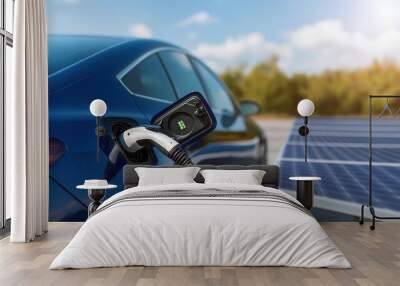 Electric car charging with solar panel in a sustainable energy setup. Wall mural