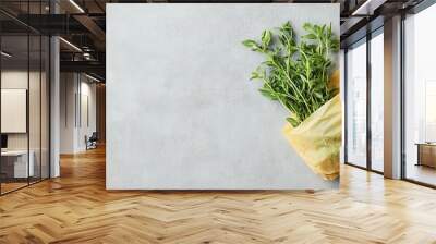 Fresh green herbs wrapped in biodegradable packaging on a light textured background, ideal for eco-friendly cooking concepts. Wall mural