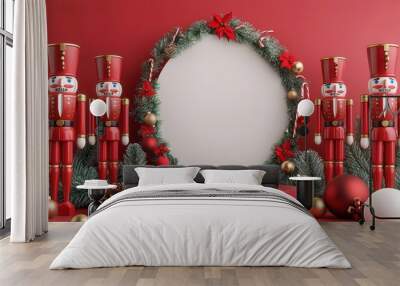 Podium encircled by nutcracker soldiers, Christmas spirit, 3D illustration v2 Wall mural