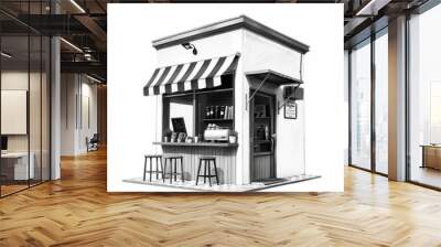 Tiny coffee shop corner, clipart, sketch style, monochrome, isolated on white background Wall mural