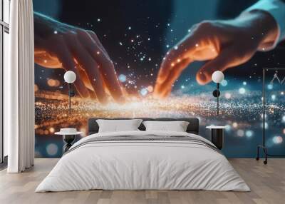 Two hands interacting with a glowing digital interface filled with sparks. Wall mural