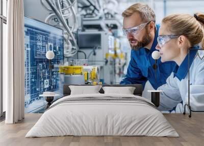 Two professionals analyzing data on a computer in a modern laboratory, showcasing collaboration and technological innovation. Wall mural