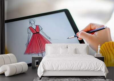 Woman sketching fashion designs on a tablet at a beach resort, effort, leisure Wall mural