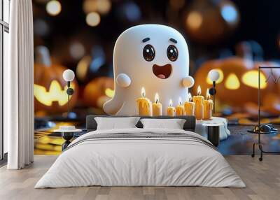 Cute cartoon ghost celebrating Halloween with candles, surrounded by carved pumpkins with glowing eyes, creating festive autumn vibes. Wall mural