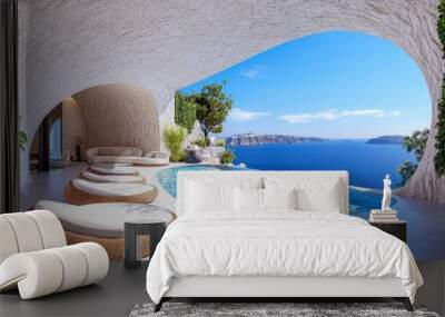 Luxurious Rooftop Terrace Overlooking the Serene Caldera of Santorini Greece Wall mural