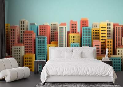 Vibrant cityscape with colorful high-rise buildings under a clear sky. Modern architecture and urban skyline in bright pastel colors. Wall mural